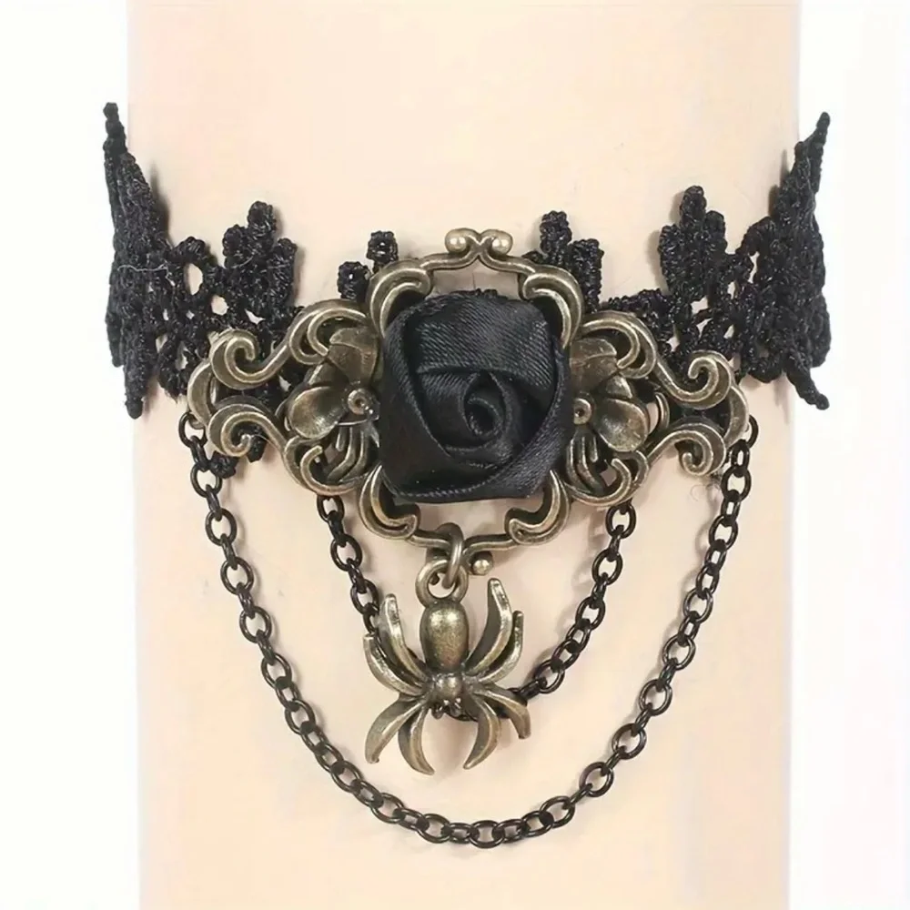 1pc‎ Retro Style Gothic Black Rose Lace Tassel Bracelet Spider Rose Bracelet